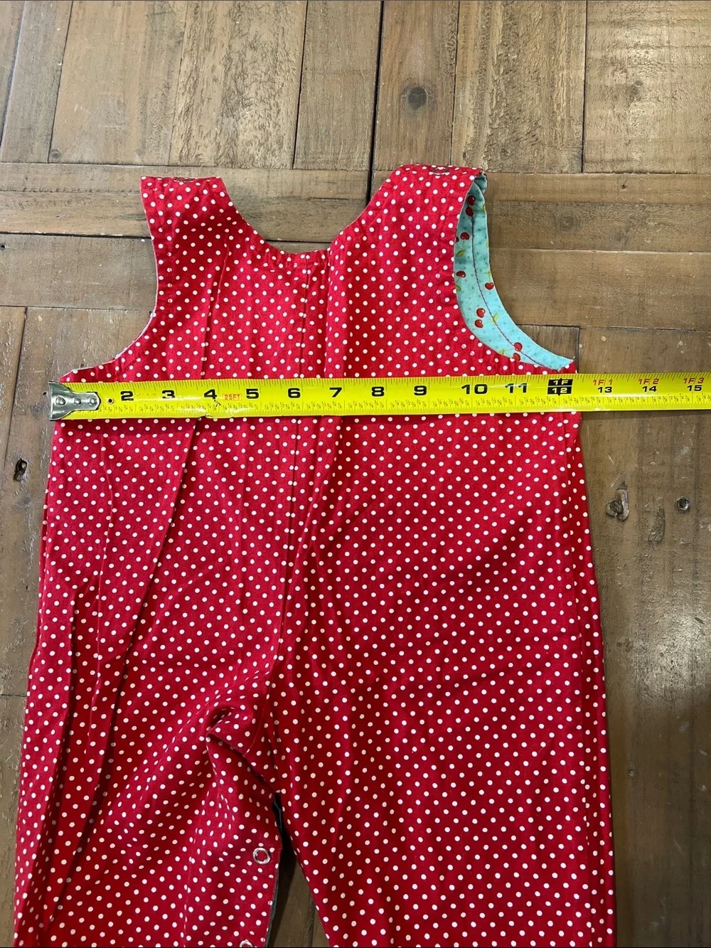 Boutique Aqua cherry print reversible red polka dot overalls 6-9 months